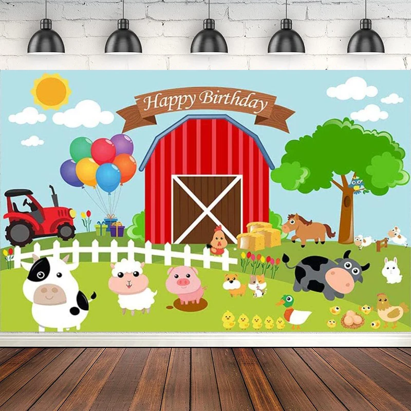 

Photography Backdrop Cartoon Farm Theme Red Barn Animals Rustic Happy Birthday Photo Background Child Party Decoration Banner