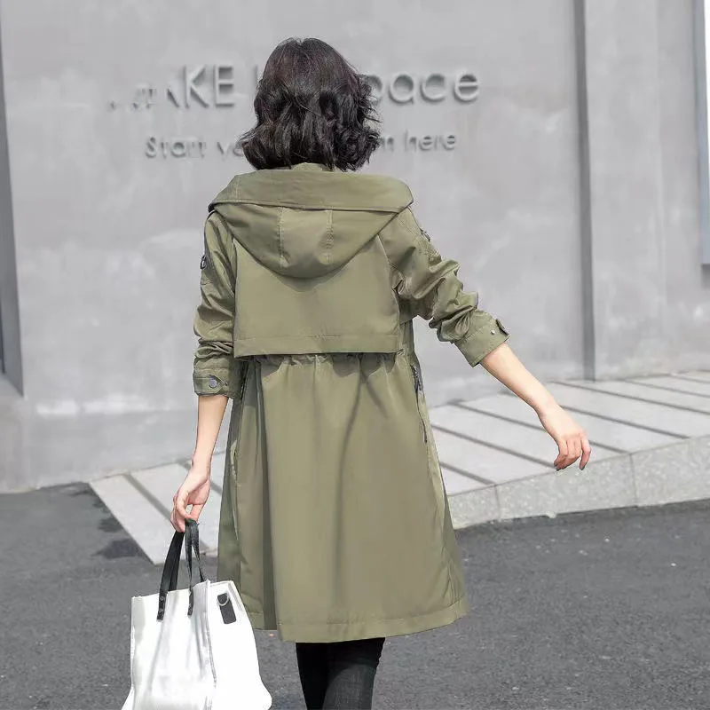 Korean Long Trench Coat Women 2024 Spring Autumn Casual Hooded Drawstring Windbreaker Female Overcoat