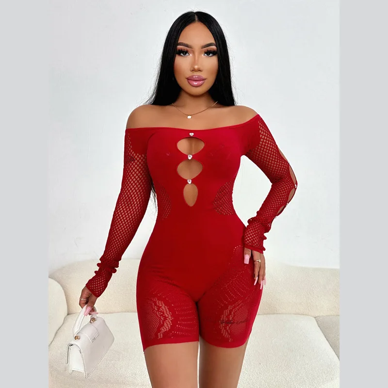 BKLD New 2025 Women Clothing Solid Color Off The Shoulder Slash Neck Slim Sexy One Pieces Knitted Long Sleeve Hollow Out Rompers