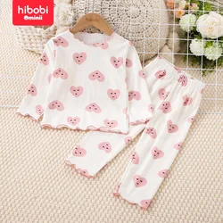 Hibobi 2 pezzi ragazza primavera Allover cuore stampato Top manica lunga e pantaloni abbinati comodo e carino Set Loungewear