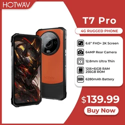 [World Premeire] Прочный смартфон HOTWAV T7 Pro, 64 МП, 6,6 дюйма, мобильный телефон FHD + 2K, 6280 мАч, 12 (6 + 6) ГБ, 256 ГБ, мобильный телефон Android 13