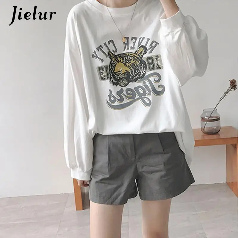 Jielur Harajuku Long Sleeve Funny Cartoon Women\'s T-Shirts Autumn Women Casual M-XXL Size T Shirt White Long Streetwear T-Shirt