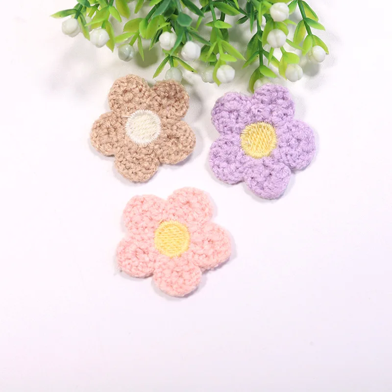 15PCS New Patch Stickers Children's Bags Hair Card Decorative Accessories Wholesale Fashion Knitted Five-Petal Flower Decorative