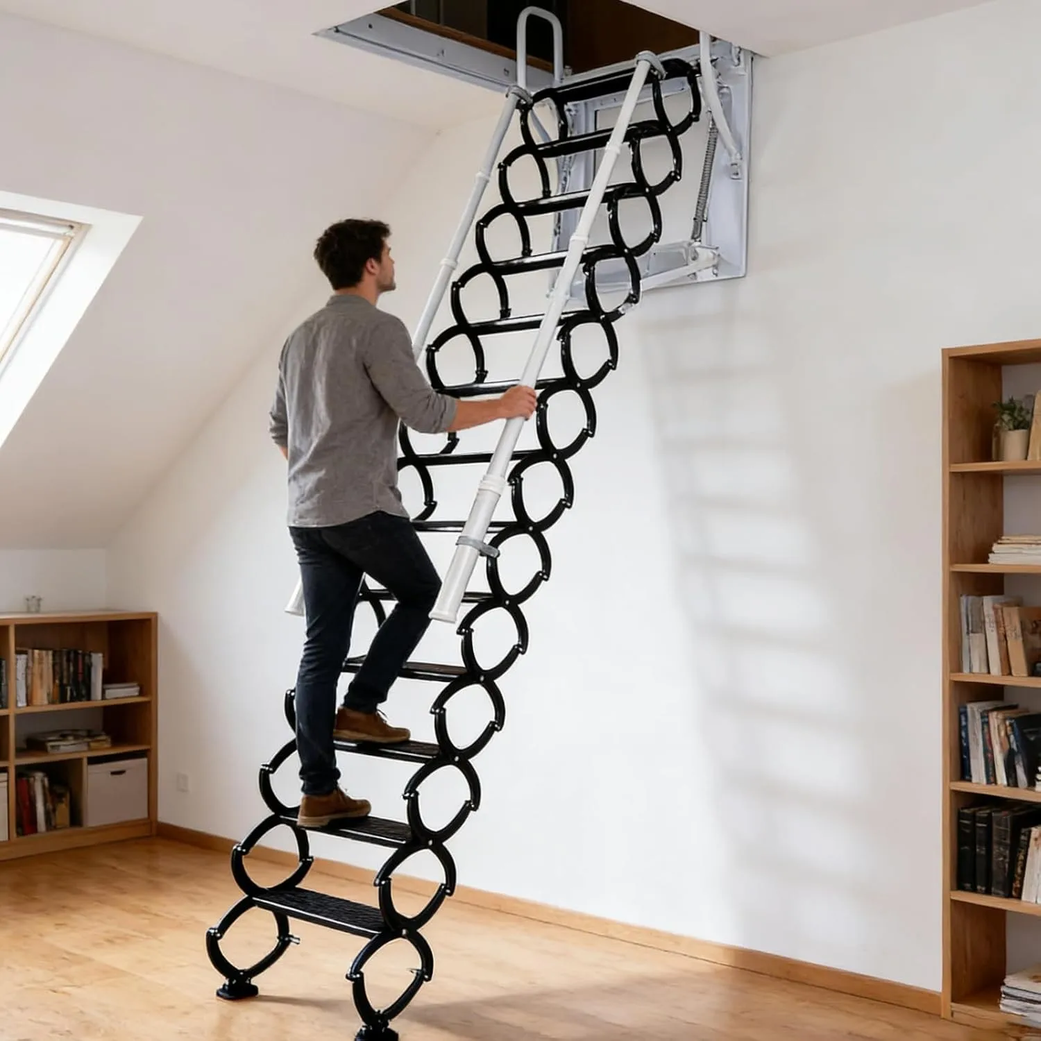 

Выдвижная лестница-стремянка с поручнем, 12 ступеней, настенная, складная, для чердака