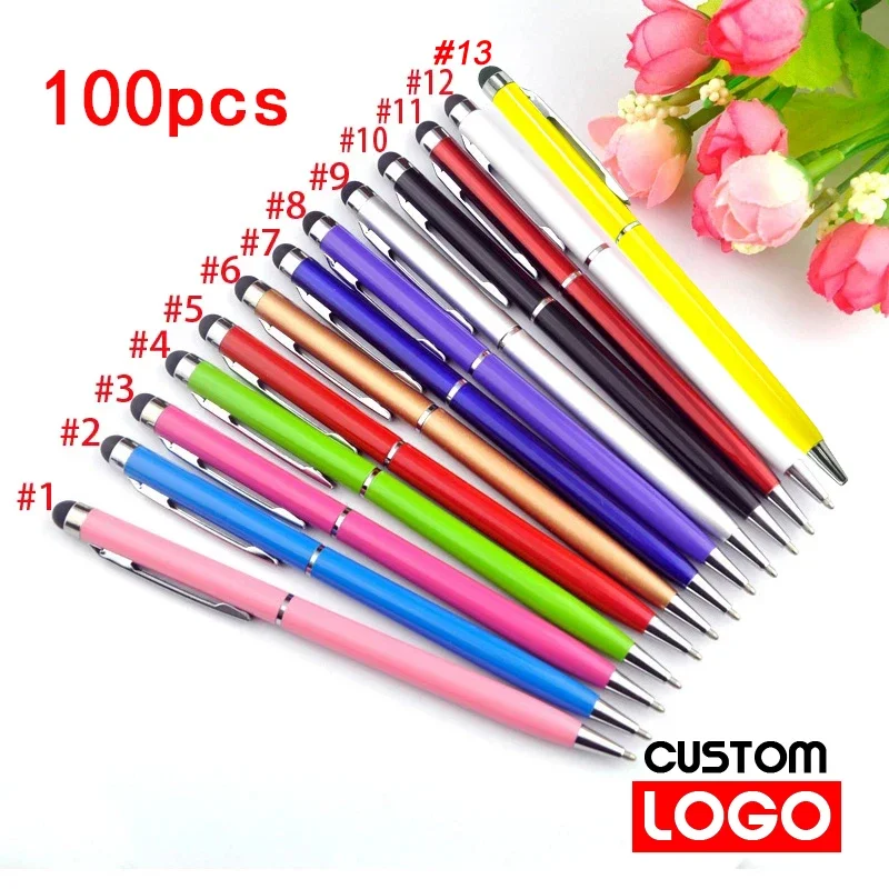 

100 Packs of 13-color Mini Metal 2-in-1 Stylus Universal Ballpoint Pen Custom Logo Text Engraving Office School Advertising Pen