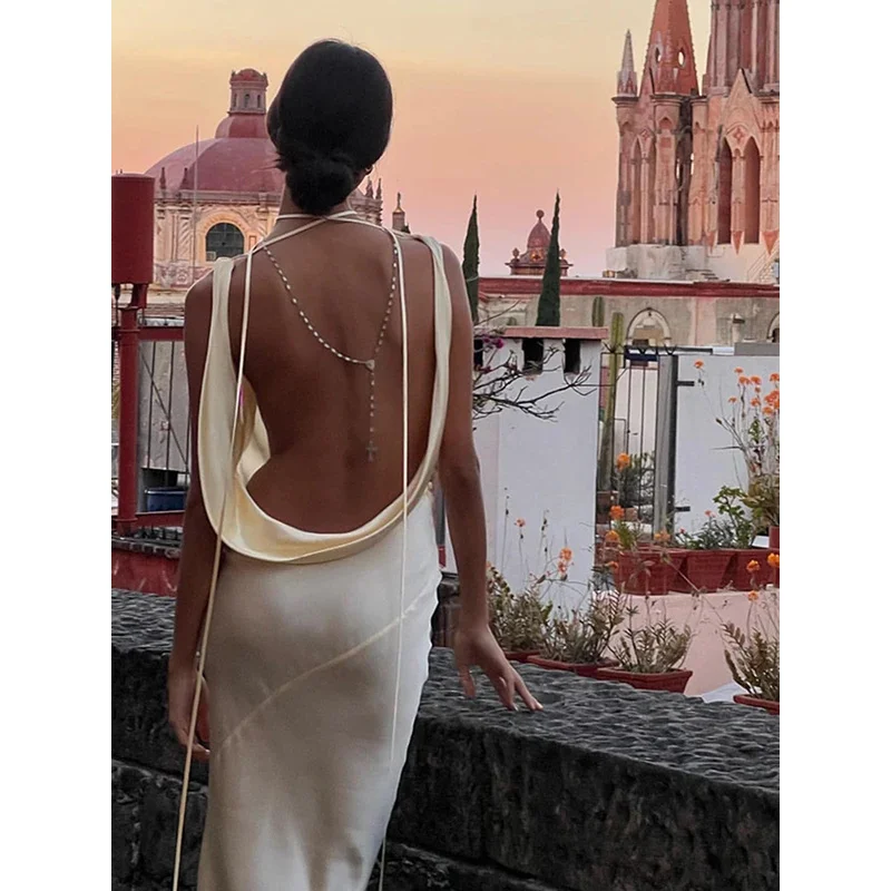 Bonny cinta de espaguete sexy sem costas cetim deslizamento maxi vestido para mulheres roupas de moda sem mangas vestidos longos roupas