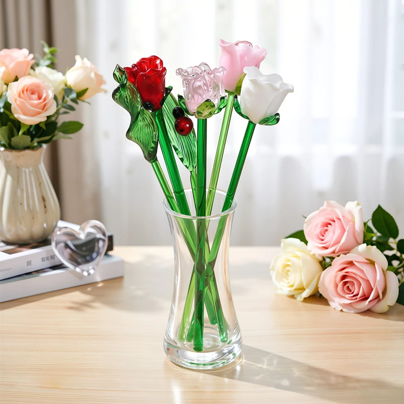 Handmade Murano Glass Rose Flower Figurine 16cm Long Handle Wedding Favors Valentine's Day Gift Home Table Decor Craft Ornament