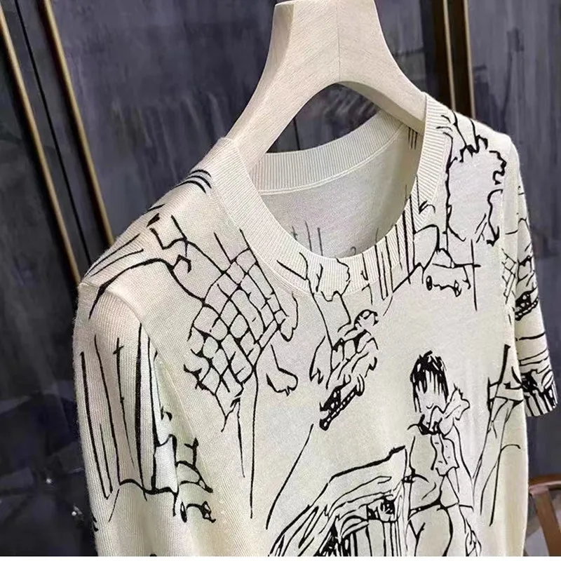 Delikatny damski sweter z nadrukiem z nadrukiem z imitacji wełny koszulka z dzianiny z krótkim rękawem i Graffiti z cyfrowym żakardowym swetrem