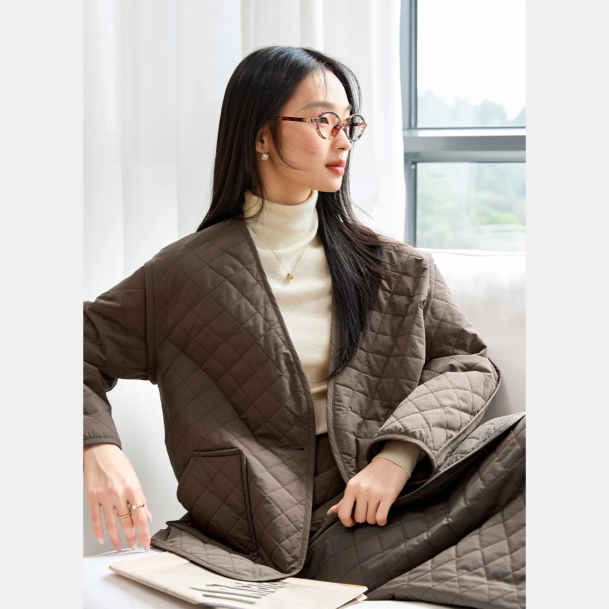 VIMLY Damesroksets 2025, Winter Vintage Gewatteerde Gewatteerde V-hals Pocket Tops Rechte Lange Rokken Dames Tweedelige set M9621