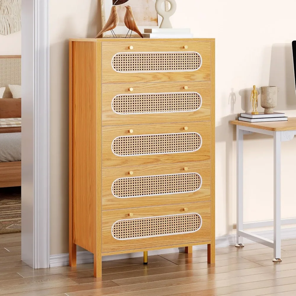

47 Tall Natural Rattan 5 Drawer Dresser, Boho Dresser Chest of Drawers with Golden Handles, Wood Dresser Storage Cabinet fo