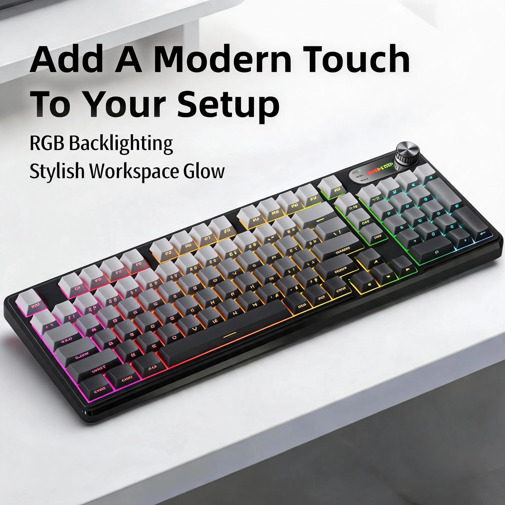 Tri-Mode Wireless Keyboard Mechanical Style 98 Keys Bluetooth 5.0 2.4GHz USB-C Silent Membrane with Multimedia Knob RGB Compact 1800 Layout for Windows Mac iPad Tablet Multi-Device