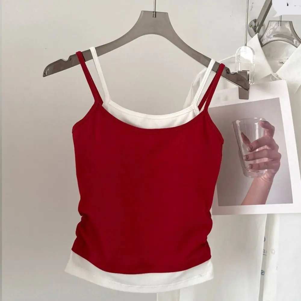 Patchworkowa bluzka bez rękawów w stylu koreańskim, imitująca dwuczęściowy komplet, dopasowana, słodka, typu tank top, podkoszulek, krótki top, idealna na plażę.