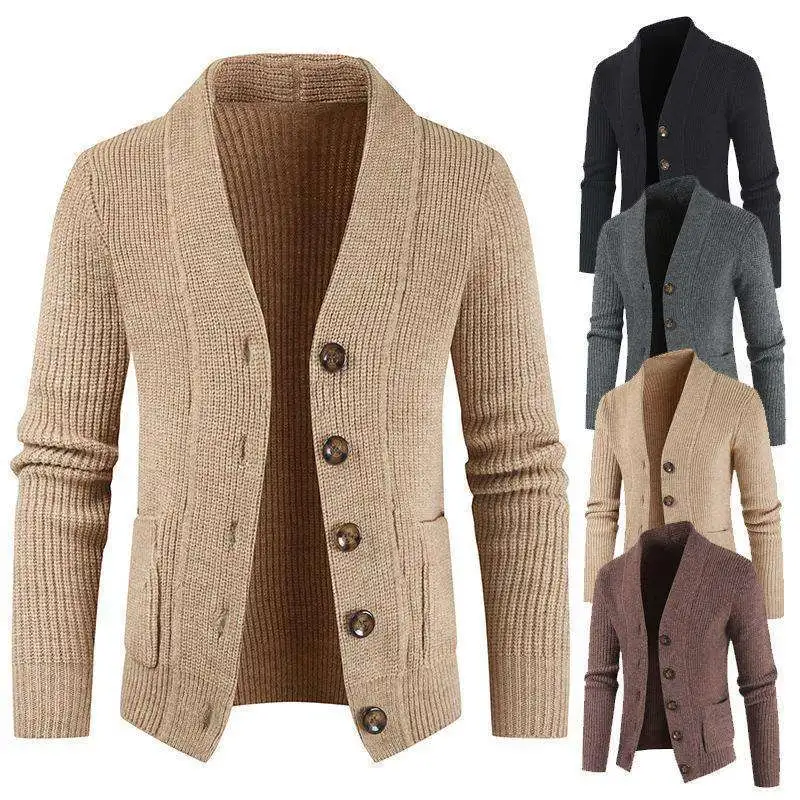 

Thiened Knitted Cardigan for Men Youth Faion Pure Color Collar Wool Sweater Outerwear Casual Long Sve Casual Wear