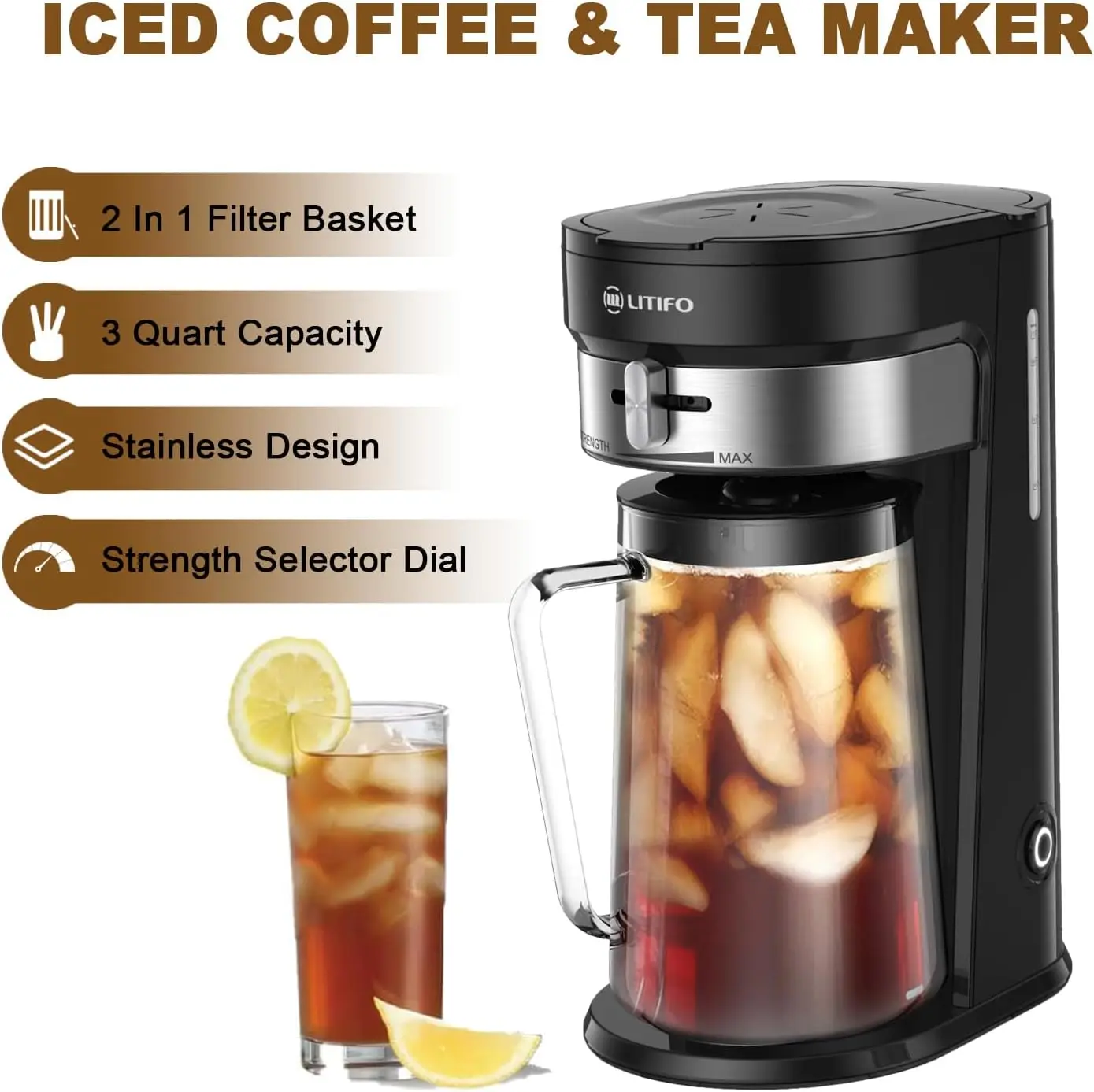 Brewing System for Iced Tea and Iced Coffee with 2.5-Quart Pitcher, Sliding Taste Selector for Custom Strength, Stainless Steel,