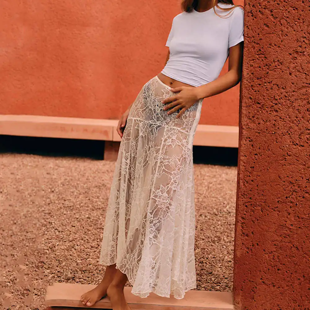 

Low Waist Lace Casual Skirt Women's Street Sle A-Line Midi Skirt Cotton Material Knot Design Summer Collection