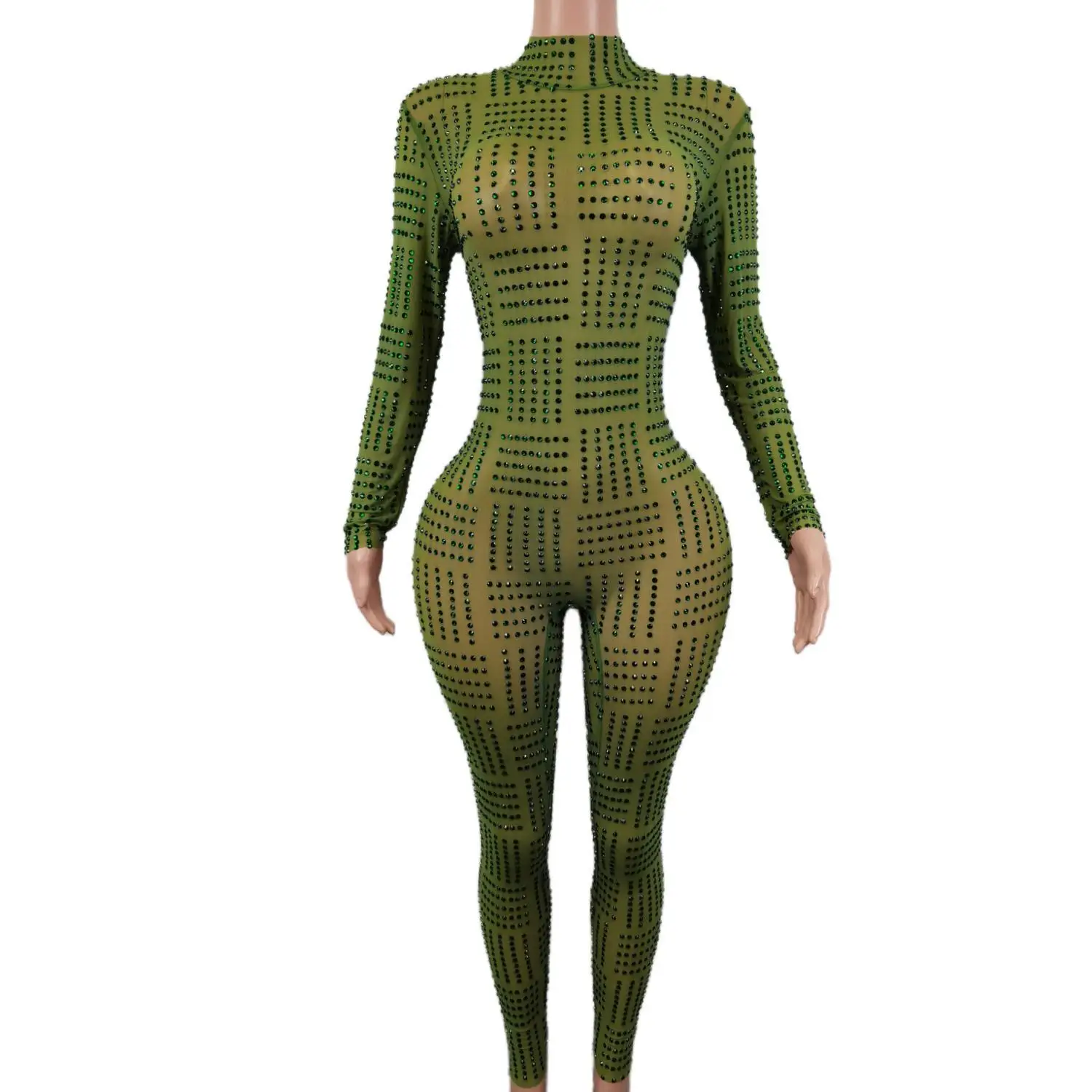 Sparkly Green Rhinestone Jumpsuit Women Fashion Sexy Big Stretch Dance Costume Bodysuit Birthday Outfit Party Legging Lvchangku