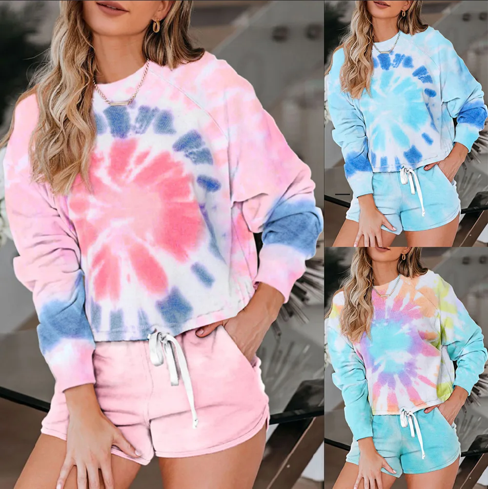 

European and American new women's home clothes two-piece set autumn and winter tie dye casual set at home