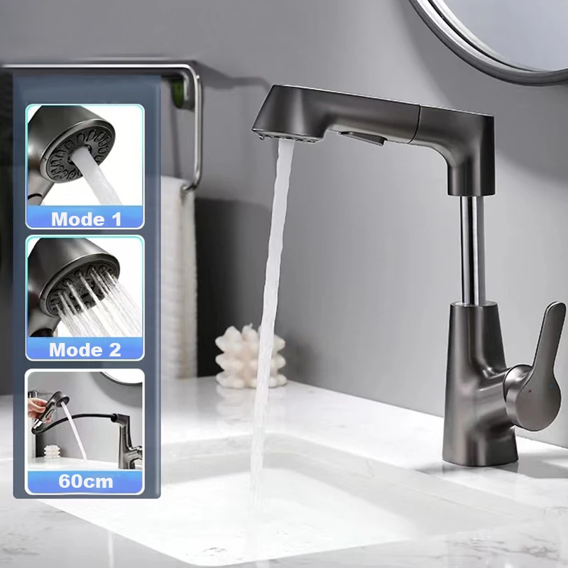 

Pull Out Bathroom Basin Faucet Lift Kitchen Basin Faucet 360° Rotatable Stainless Steel Sink Faucet with Pull Out Sprayer