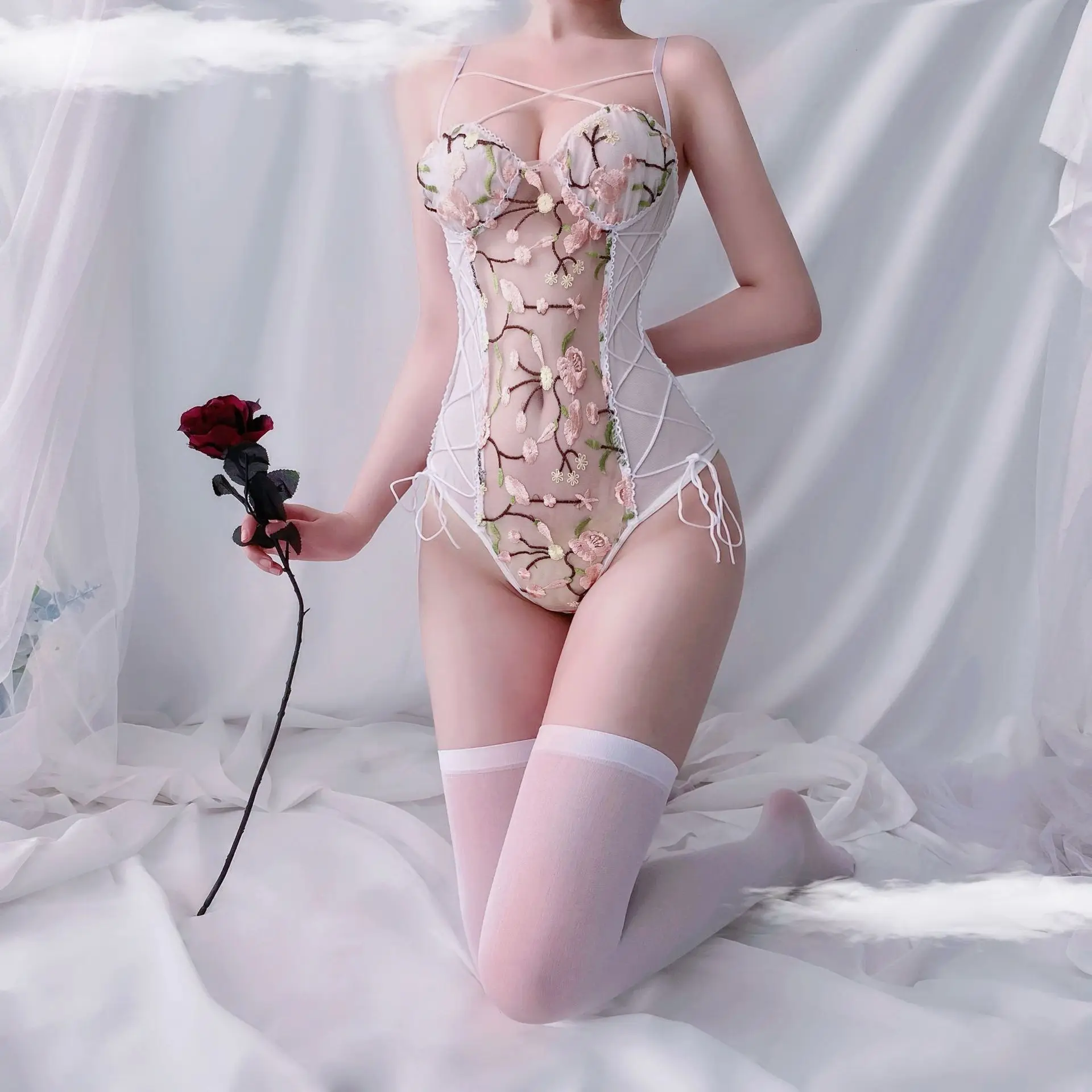 

Sexy One-Piece Pajamas Lingerie Homewear Suit V-Neck Strap Summer Women's Sleepwear Comfortable Soft Fabric Bedroom Set