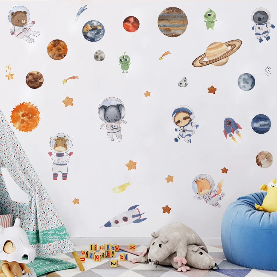 Cartoon Solar System Alien Astronaut Stars Wall Stickers for Kids Room Bedroom Reading Room Wall Decals School Nursery