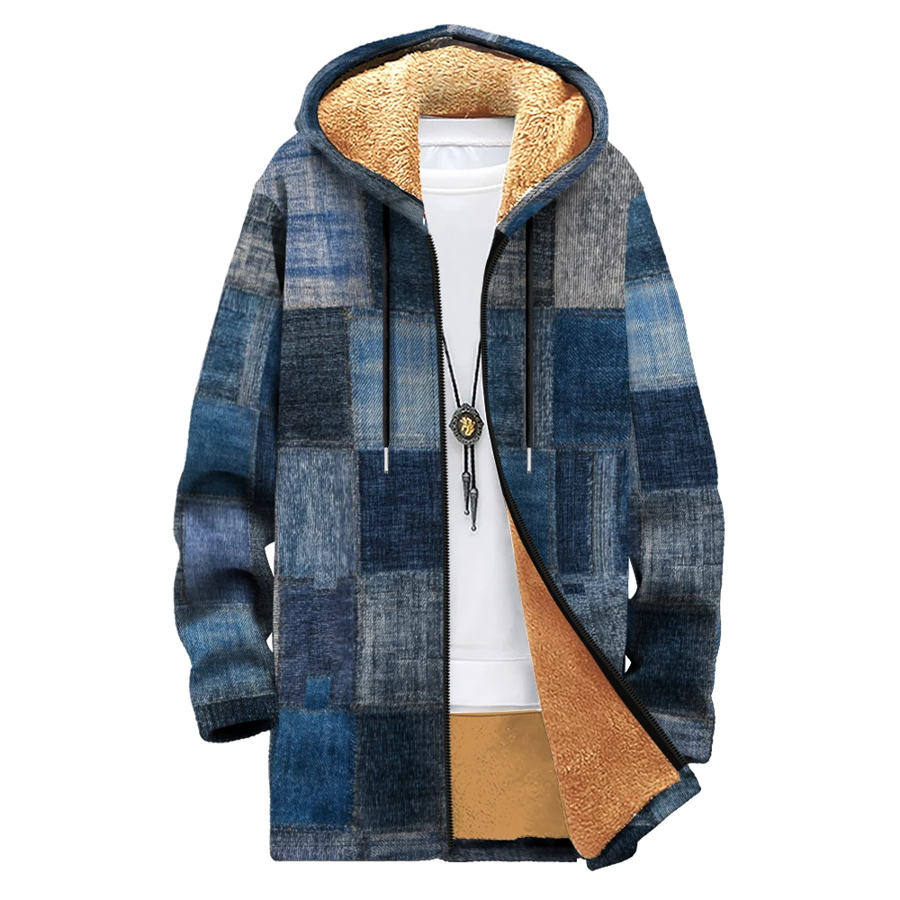 

Men's Hooded Patchwork Jackets Blue Geometric Fleece-Lined Coats with Faux Fur Vintage Streetwear Zip-Up for Winter Outerwear