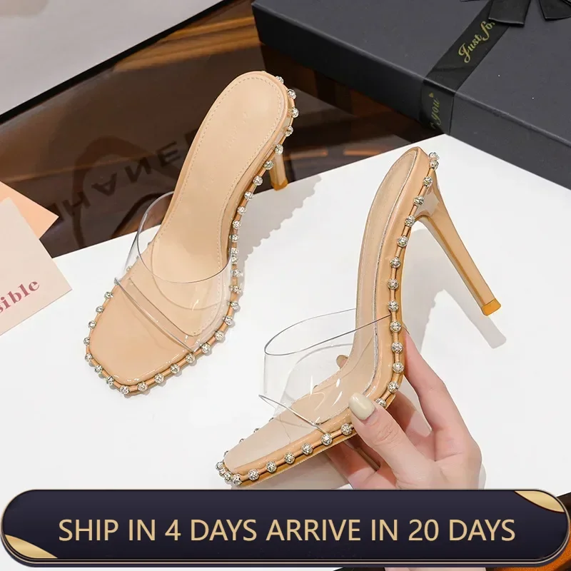 Fashion Women's Vulcanize Shoes Non-slip Breathable High Heel Sandals with Clear Strap and Rhinestone