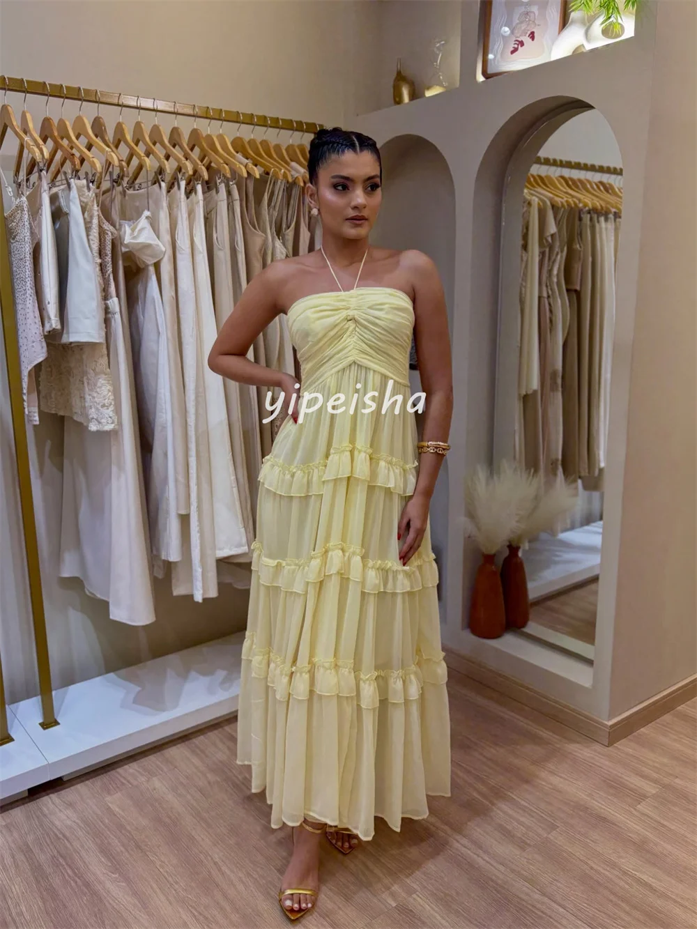 Customized Sexy Fashion Chiffon Pleat Ruched Tiered A-line Halter Midi Dresses Evening Dresses Sizes Available High Quality