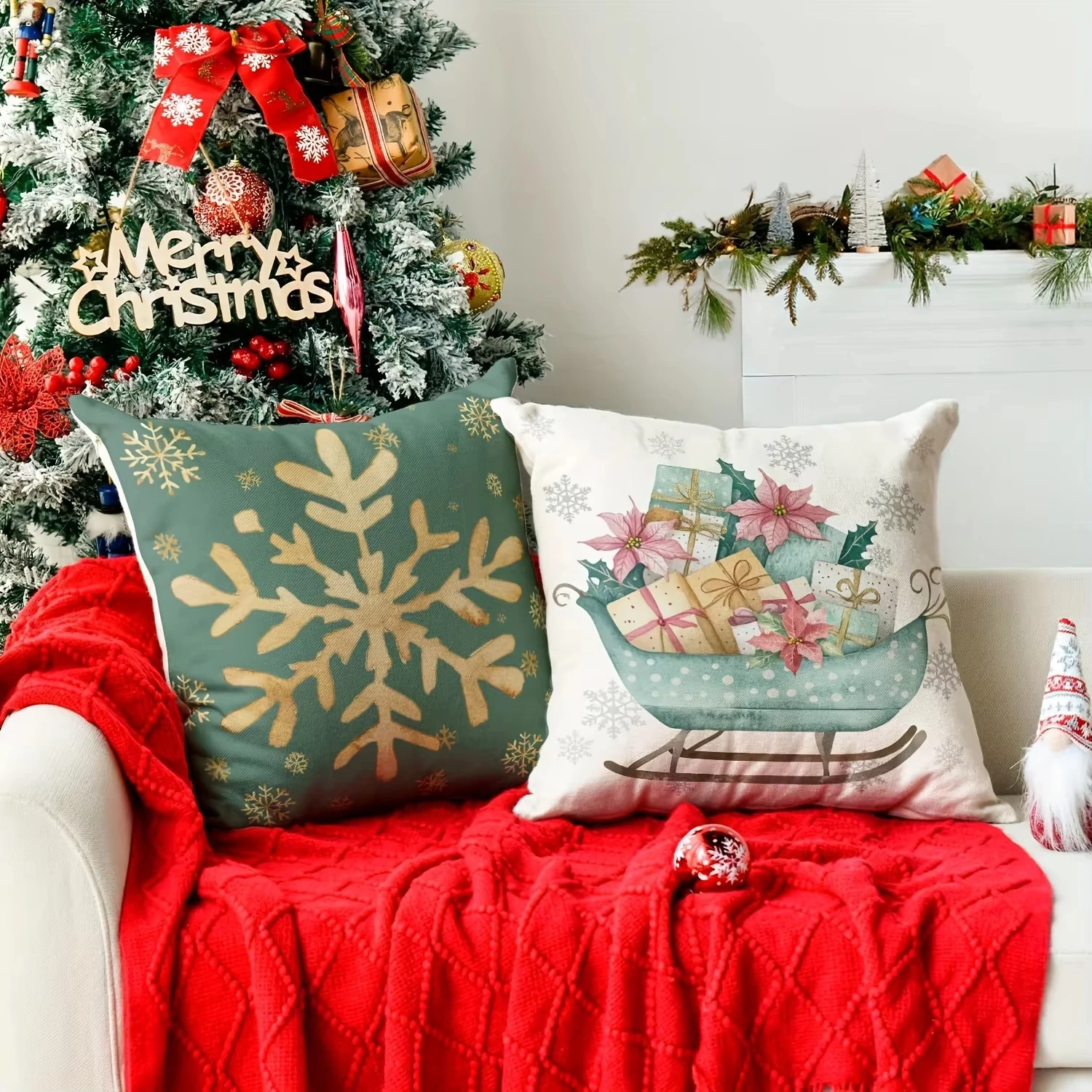 New Year Deer Snowflakes Sleigh Pattern Single Print Pillowcase Festive Design Sofa Room High Qaulity Christmas Home Decoration