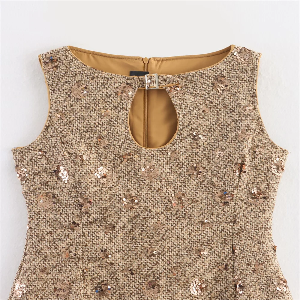 Early Autumn New Small Fragrant Style Heavy Industry Nail Diamond Lace Noble Sleeveless Tank Top Dress for Women with Waist Draw