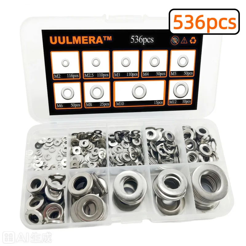 536Pcs M2-M12 304 Stainless Steel Flat Washer Assortment Kit Metric Plain Washers Set for Screws Bolts Hardware Fasteners