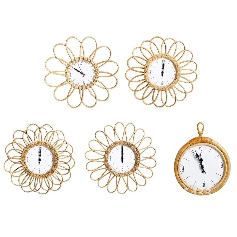 Rattan Handwoven Frame Wall Clock DIY Simple Design Wall Hanging Watch for Home Bedroom Living Room Dormitory Decoration