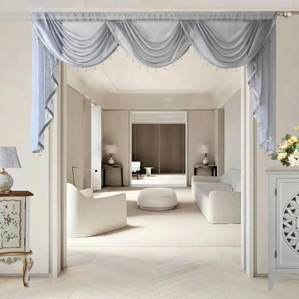 

1PC Light Gray Beaded Wavy Valance Curtain Simple Rod Pocket Top Linen Tulle Waterfall Curtain for Living Room Bay Window Drapes