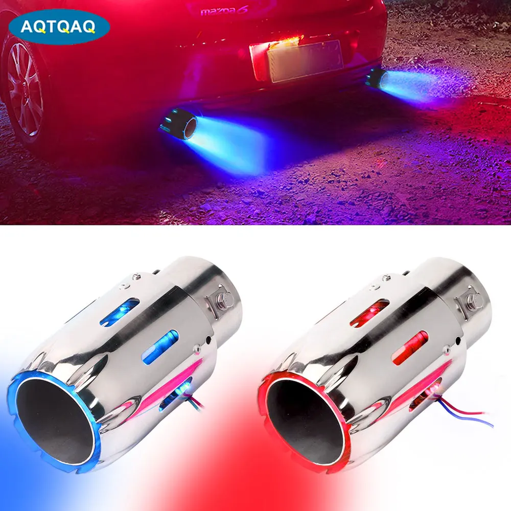 

2.5'' 63mm Exhaust Tip, Stainless Steel Car Exhaust Tail Pipe Muffler Tip Modification Luminous Tube with Blue Flame LED Light