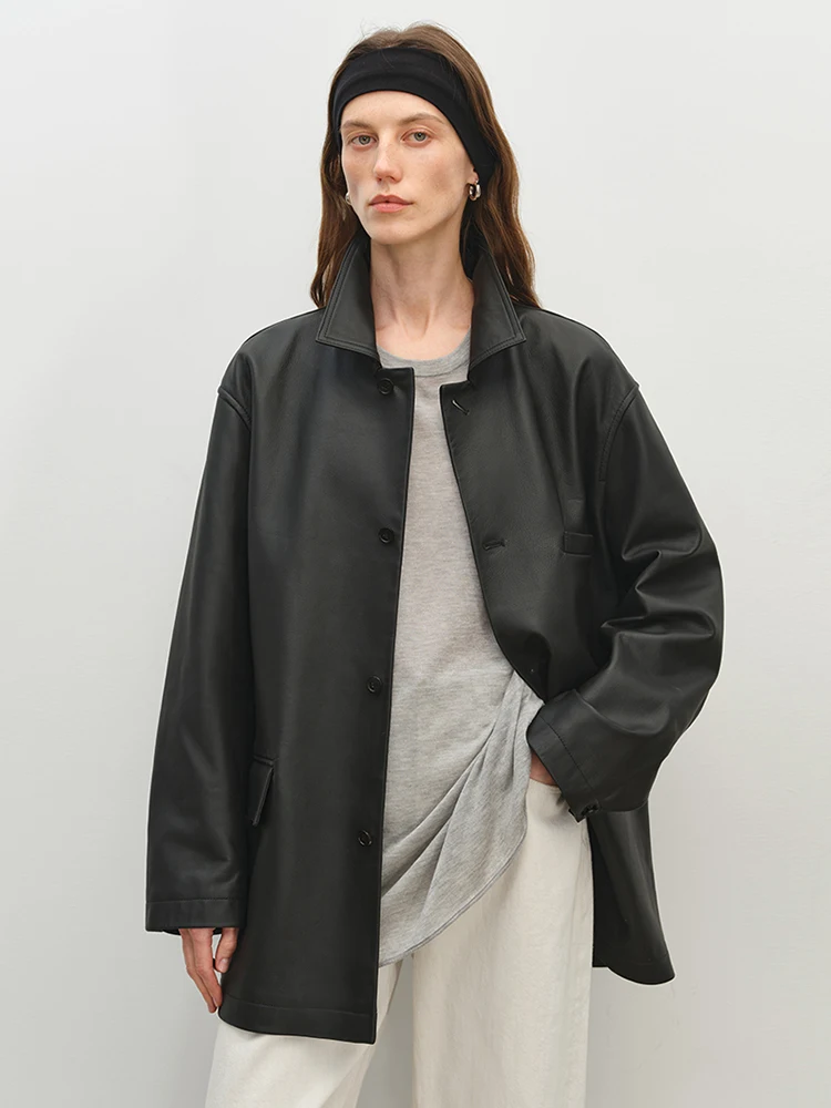 Clássico preto couro genuíno blazer jaquetas para mulheres primavera outono high-end simples único breasted solto casaco de couro de vaca real