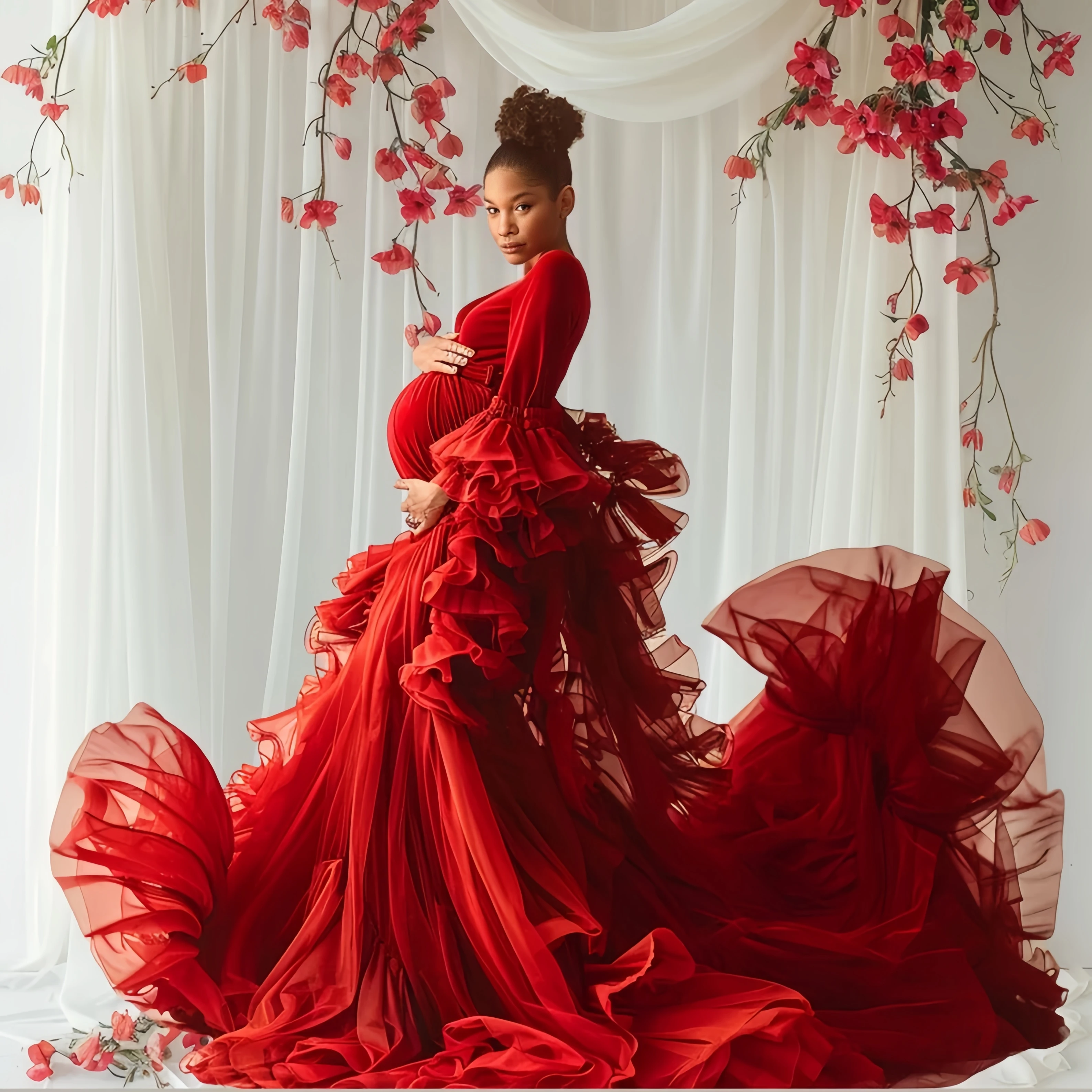 Pretty Red Prom Dresses for Pregnancy Maternity Dresses for Photoshoot Tiered Robes De Soriee for Bride New Baby Shower Gown