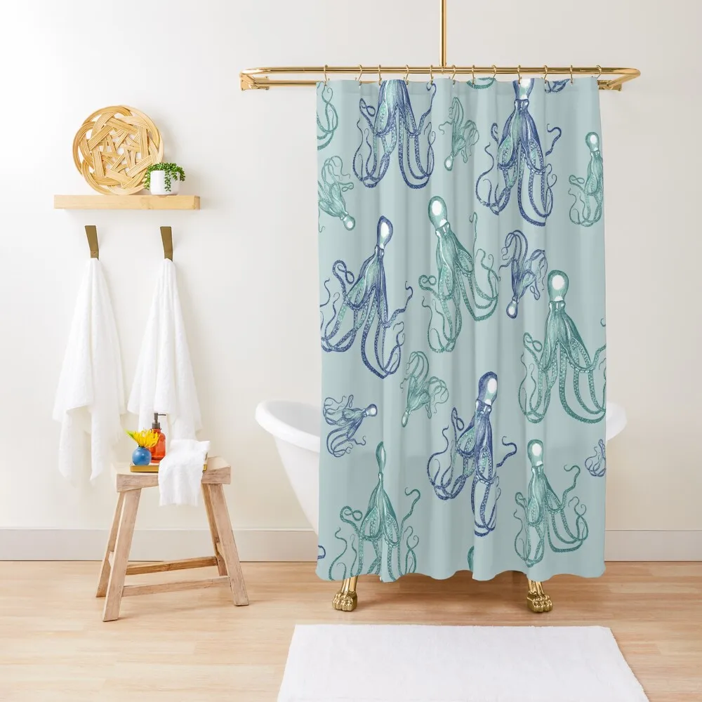 

Vintage Octopus Pattern Blue Teal Shower Curtain Anime Shower Washable Waterproof Fabric Shower Window Curtain