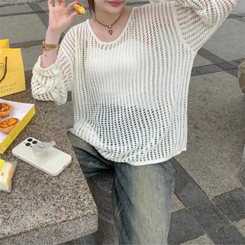 Pullovers Women Lazy Style Sun-proof Knitted Hollow Out Korean Fashion Sweet Sexy Girls Thin Long Sleeve Summer Streetwear Baggy