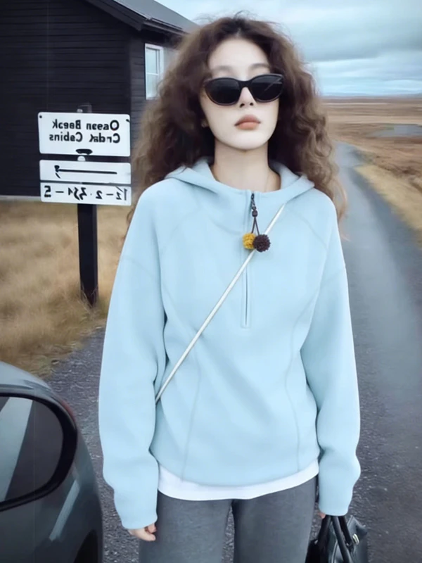 

Loose Women's Hoodie Korean Style Half Zip up Spring 2026 Casual Versatile Comfortable plus Size Sweatshirt Lazy Style Top