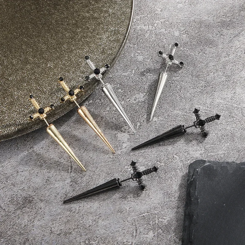 Gothic Kinitial Sword Earrings Vintage Punk Crystal Ear Jacket Goth Dagger Earrings Jewelry Gift For Women aretes stud earrings
