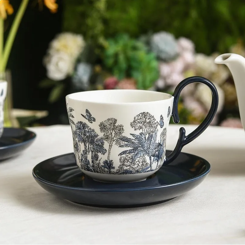 

Trendy Chinese Ink Style Flower Vine Design Ceramic Coffee Cup Saucer Set Premium Breakfast Milk Tea Cup Saucer