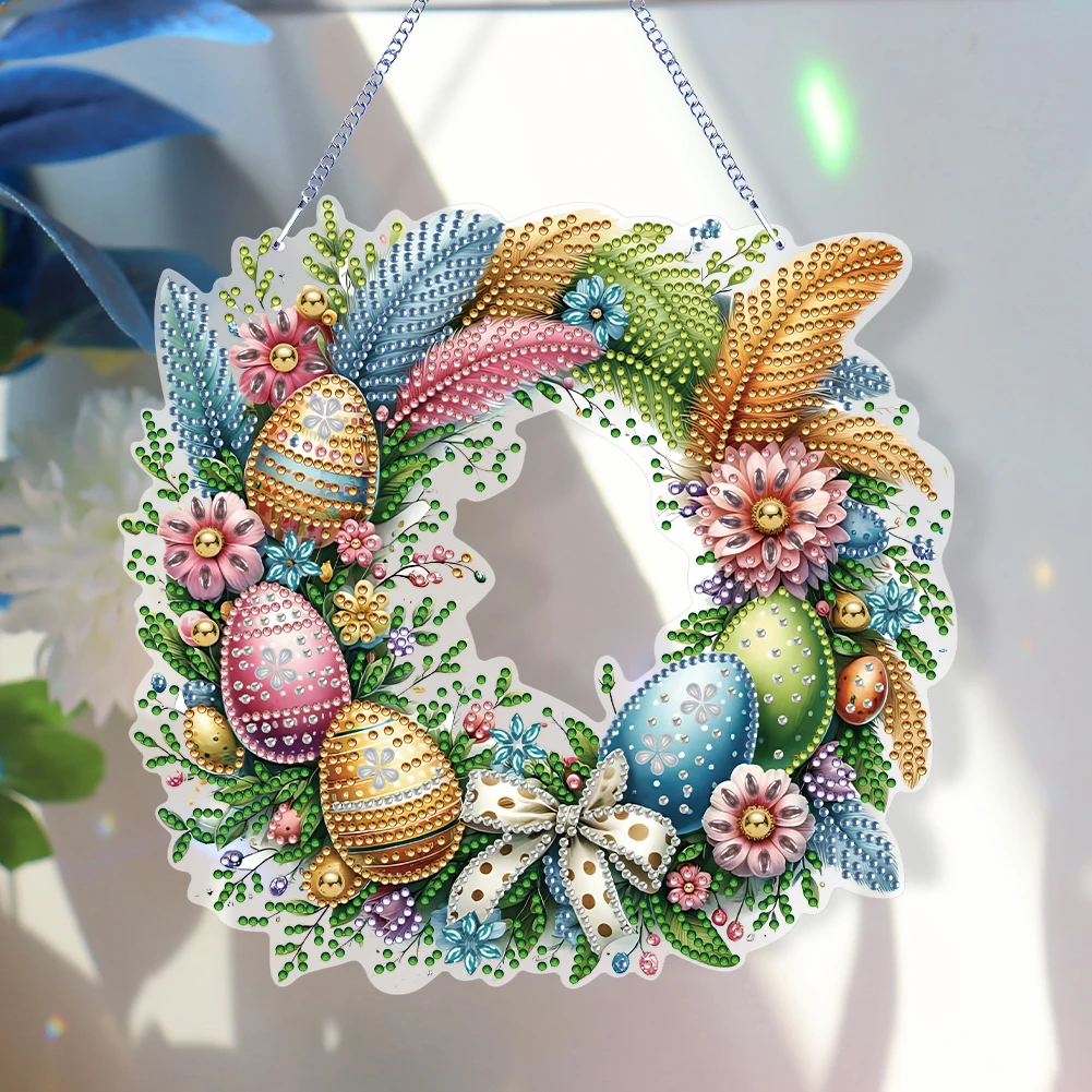 

Single Sided Diamond Art Hanging Pendant Handmade Easter Wreath Diamond Painting Hanging Pendant Bowknot Rabbit for Office Decor