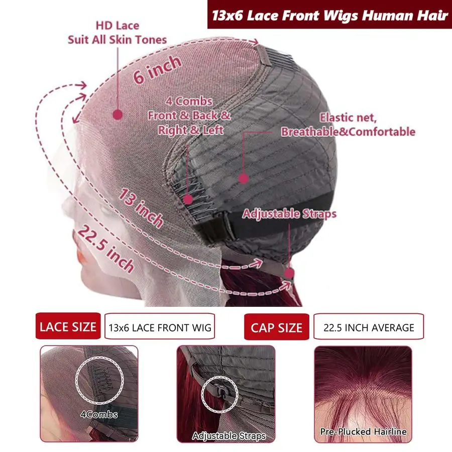 Wig Rambut Asli Burgundy 200 Density 99J Wig Rambut Asli Burgundy Lace Front 13x6 HD Lace Front Wig Merah Anggur Model Body Wave Lace