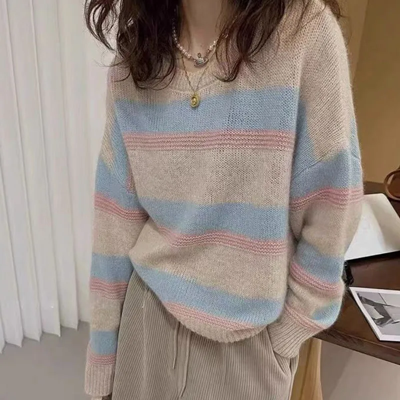 New Autumn/Winter Fashion Retro Contrast Stripe Round Neck Loose Versatile Slim and Fashionable Long Sleeve Women\'s Sweater