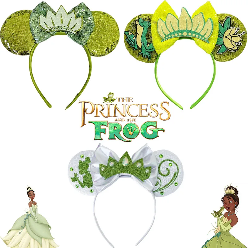 

The Princess and The Frog Hair Bands for Women Disney Tiana Head Accessories Kid Crown Sequins Bow Headband Mickey Ears Headwear