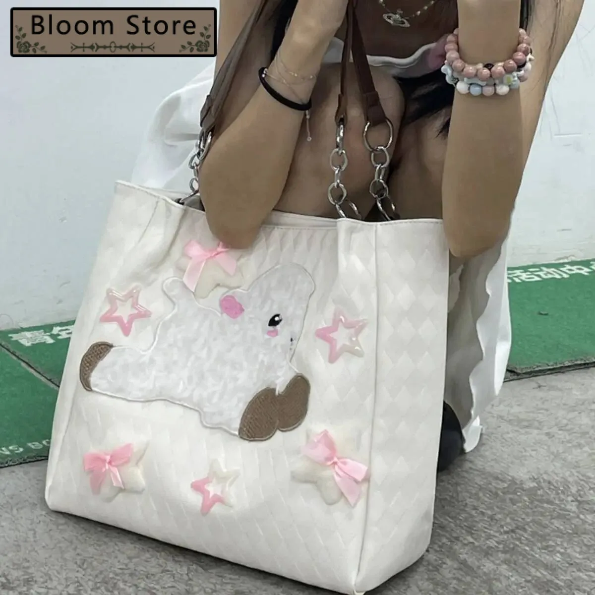 

Bloom Haruku Star White Shoulder Bags Women Sweet Hot Girls Large Capacity Y2k Ladies Vintage Tote Bag Bolsas Aesthetic