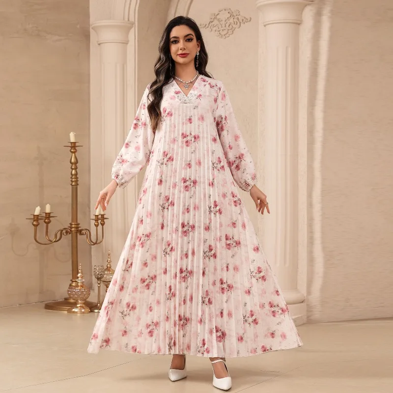 

Платье с принтом Ид для женщин, вечерние длинные платья Абая с бисером, мусульманский кафтан, халат Джалабия, Рамадан, Марокко, Дубай, 2025, Vestido Largos