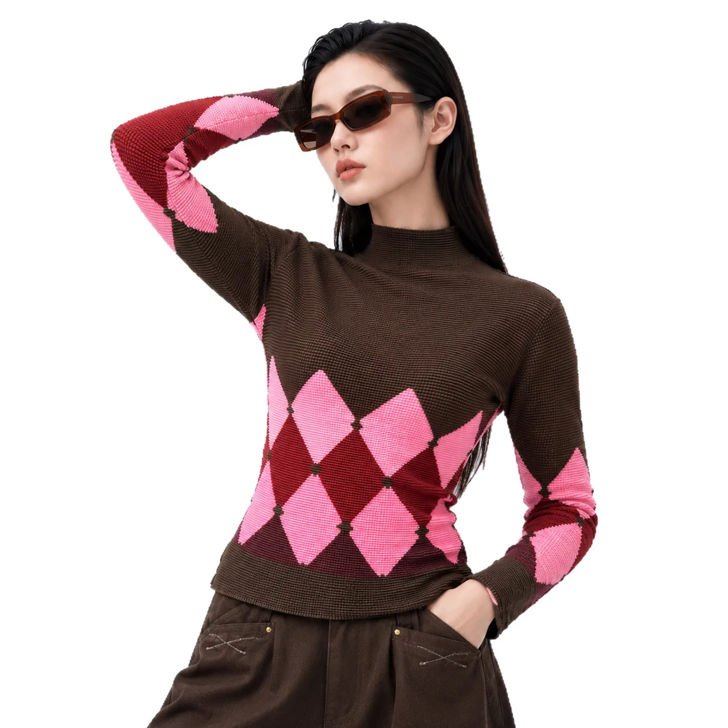 Fold Miyake Pleated Argyle Sweater Women Mock Neck Long Sleeve Brown Pink 2026 Fall Winter Preppy Retro Cozy Chic Knitwear Top view 4