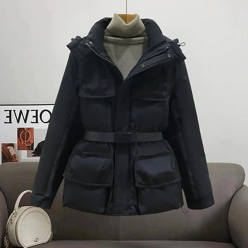 

Hooded Cotton Jacket With Belt Women's Winter New Thickened Mid-length Workwear Coat Trendy Long Sleeved Stand Up Collar Top