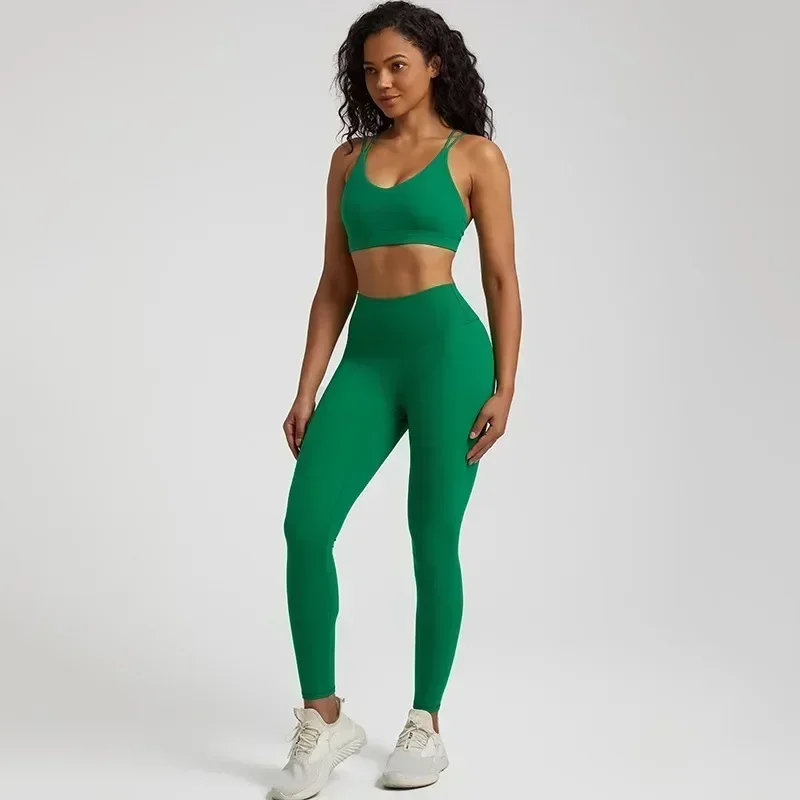 Lemon-Ensemble de leggings de fitness et de yoga pour femme, soutien-gorge de sport croisé dans le dos, haut de sport, entraînement WagTraining, 2 pièces