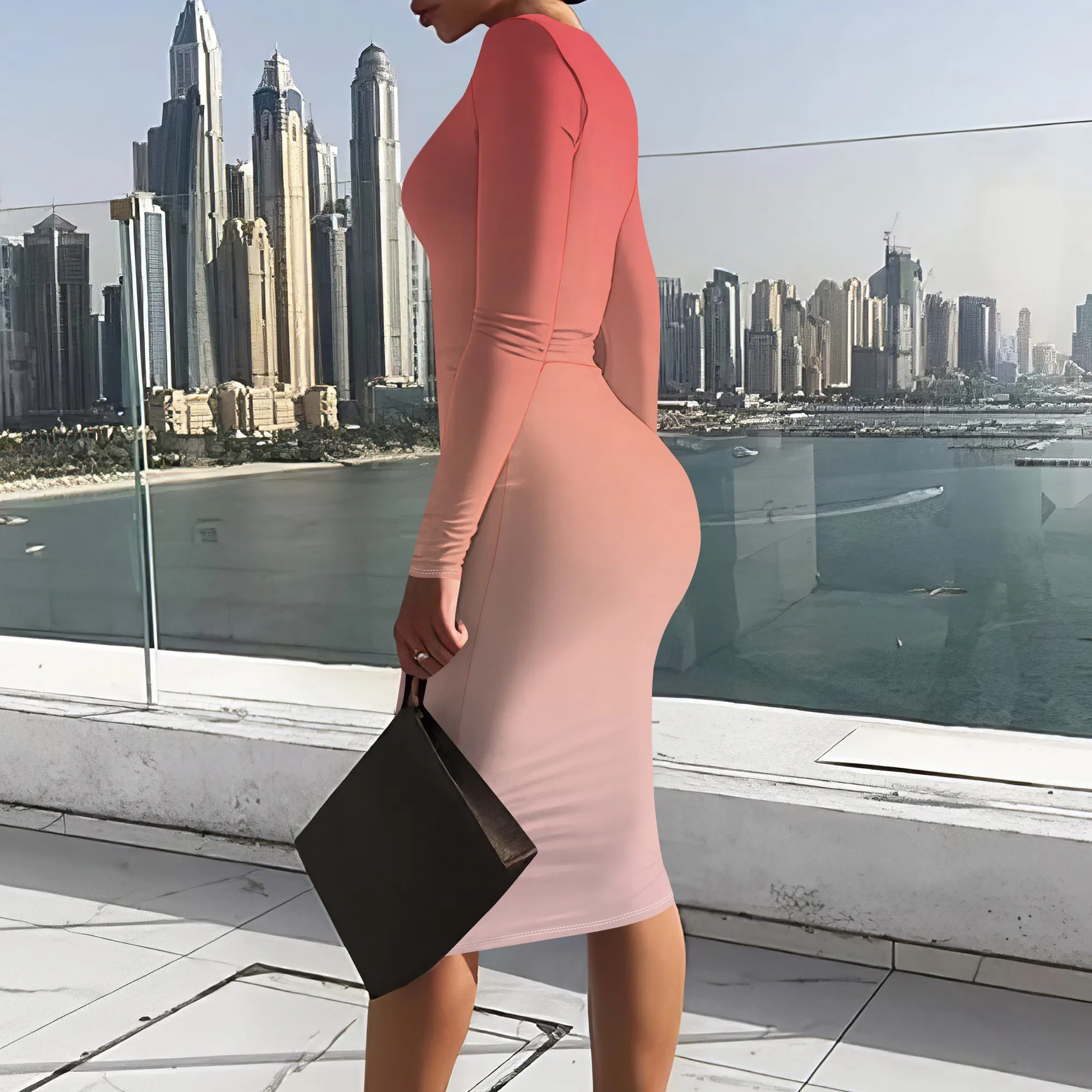 فستان نسائي طويل Bodycon أساسي بأكمام طويلة فستان كاجوال ملفوف برقبة دائرية مثير منحنى للعمل والمكتب تنورة ميدي رصاص